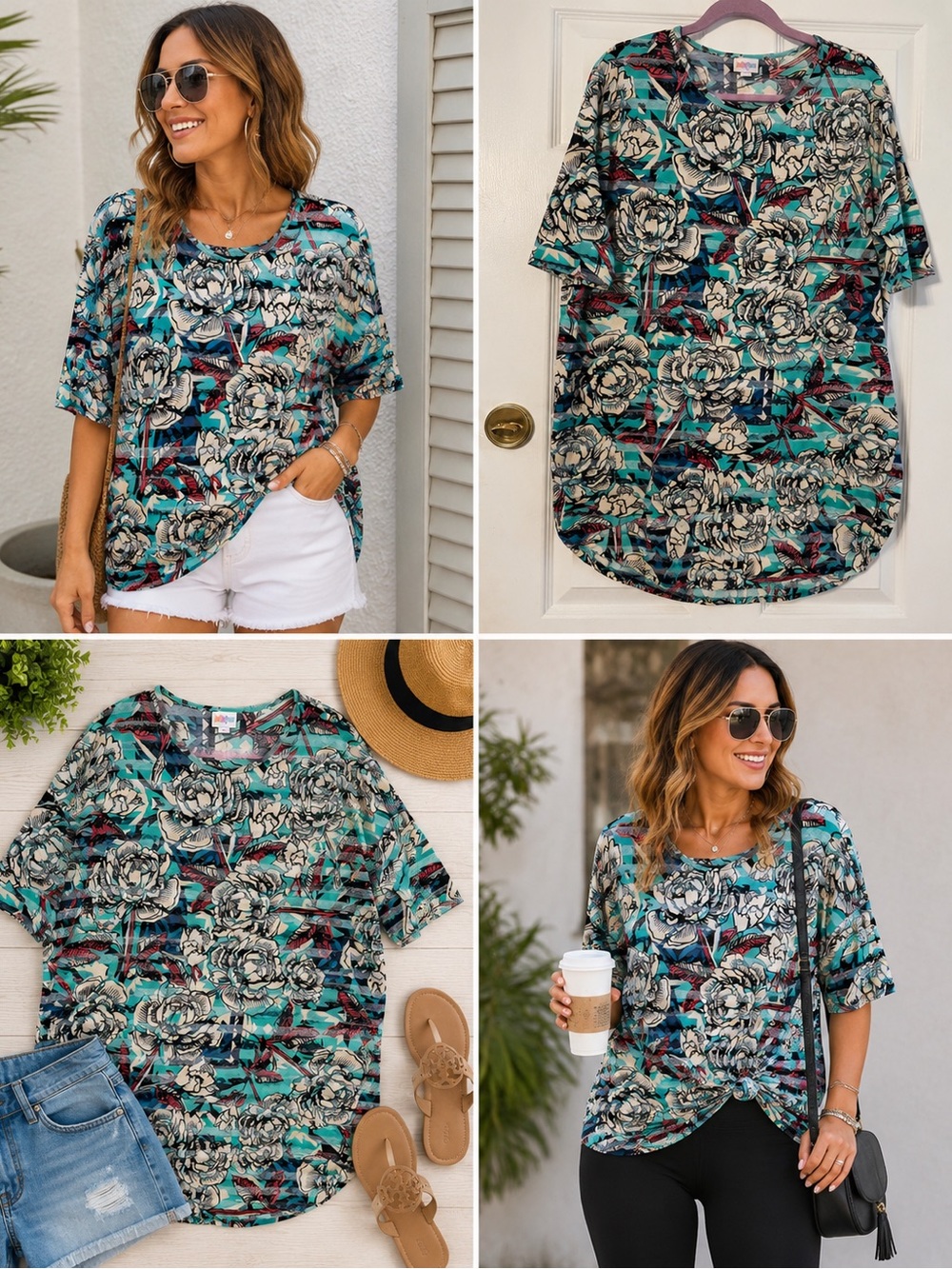 LuLaRoe Floral Stripe Short Sleeve Top - Teal, Blue, Cream - Picture 6 of 6